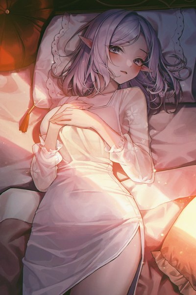 Anime picture 3500x5250 with how to live as a writer in a fantasy world meoyo single tall image looking at viewer blush fringe highres short hair breasts open mouth light erotic absurdres silver hair indoors lying long sleeves from above pointy ears on back