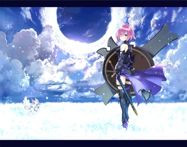 Anime picture 1111x872 with fate (series) fate/grand order mash kyrielight fou (fate) mamehamu single looking at viewer blush fringe short hair smile standing purple eyes bare shoulders pink hair sky cloud (clouds) full body looking back hair over one eye