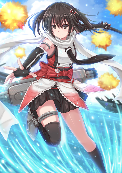 Anime picture 900x1273 with kantai collection sendai light cruiser kazenokaze single long hair tall image looking at viewer brown hair brown eyes two side up explosion girl thighhighs skirt gloves black thighhighs miniskirt water socks elbow gloves