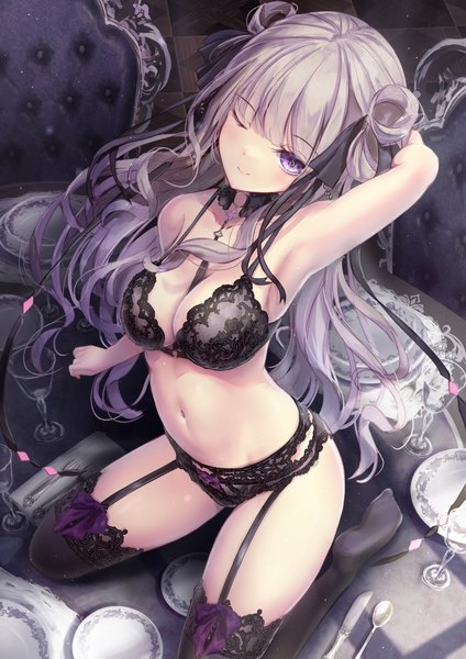 Anime picture 1302x1842 with original missle228 single long hair tall image looking at viewer fringe light erotic smile sitting purple eyes blunt bangs one eye closed arm up from above grey hair wink armpit (armpits) hair bun (hair buns) underwear only