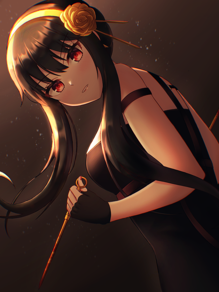 Anime picture 1620x2160 with spy x family yor briar yeerasuto single long hair tall image looking at viewer blush fringe breasts black hair simple background hair between eyes red eyes large breasts standing bare shoulders holding payot upper body