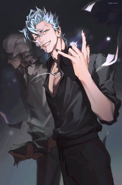 Anime picture 2480x3757 with bleach studio pierrot ulquiorra schiffer grimmjow jeagerjaques zm-panda- tall image looking at viewer fringe highres short hair blue eyes black hair smile hair between eyes standing holding blue hair long sleeves nail polish profile