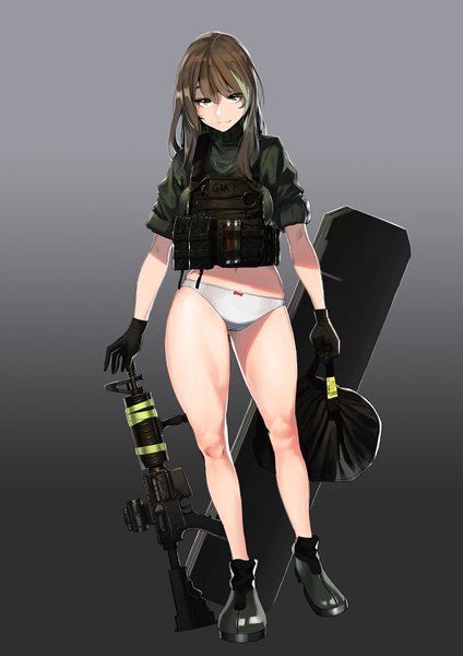Anime picture 2480x3508 with girls frontline m4a1 (girls frontline) ihobus single long hair tall image looking at viewer fringe highres breasts light erotic simple background smile hair between eyes brown hair standing holding green eyes full body multicolored hair
