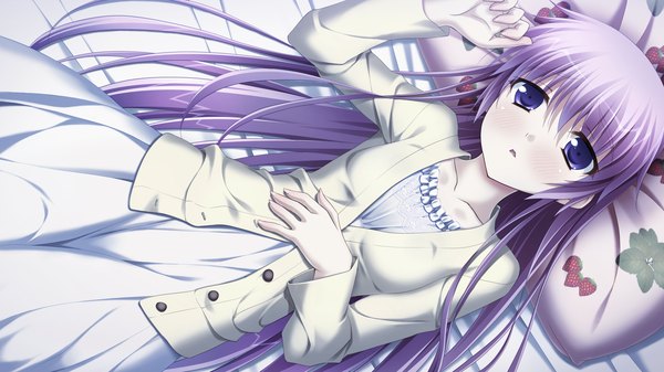 Anime picture 2560x1440 with yaneura no kanojo dp minase (artist) single long hair blush highres blue eyes wide image game cg purple hair girl dress