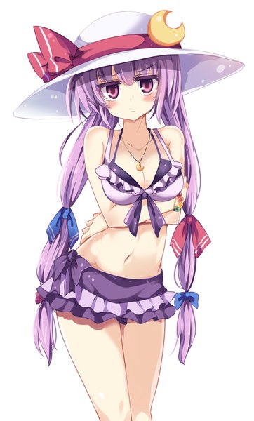 Anime picture 1012x1675 with touhou patchouli knowledge matsuri uta single long hair tall image looking at viewer blush fringe breasts light erotic simple background hair between eyes standing white background twintails cleavage purple hair pink eyes low twintails