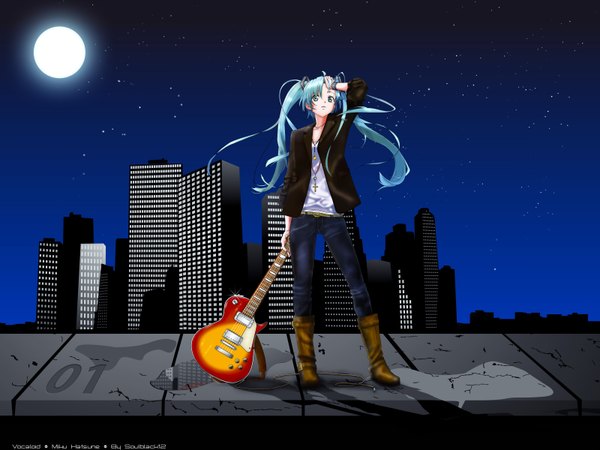Anime-Bild 3200x2400 mit vocaloid hatsune miku nagareboshi single long hair highres twintails absurdres aqua eyes aqua hair night city girl moon star (stars) cross guitar jeans
