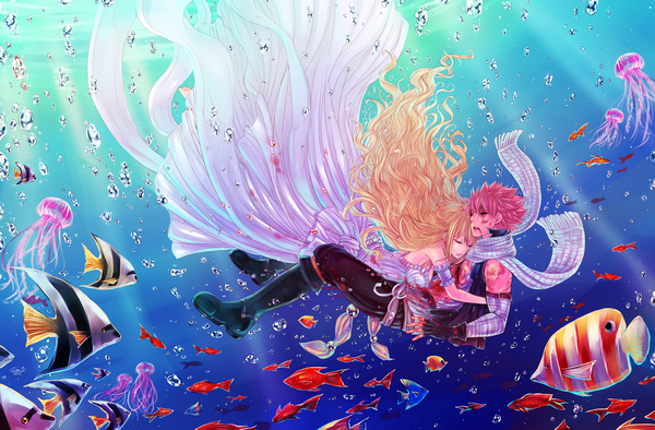 Anime picture 2000x1314 with fairy tail lucy heartfilia natsu dragneel leonstar long hair fringe highres short hair blonde hair payot pink hair full body bent knee (knees) eyes closed barefoot sunlight couple hug torn clothes underwater