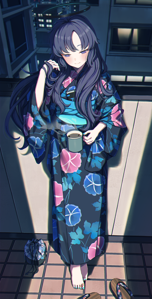 Anime picture 1843x3608 with blue archive yuuka (blue archive) mochi (m0chi0000) single long hair tall image blush fringe highres black hair smile standing full body nail polish traditional clothes japanese clothes barefoot black eyes floral print adjusting hair