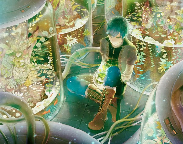 Anime picture 1250x990 with original ame (conronca) blue hair boy flower (flowers) plant (plants) boots