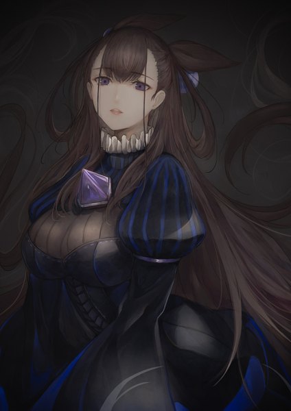 Anime picture 1736x2455 with fate (series) fate/grand order murasaki shikibu (fate) marumoru single tall image looking at viewer fringe highres breasts brown hair large breasts purple eyes payot very long hair hair bun (hair buns) puffy sleeves hair rings girl dress