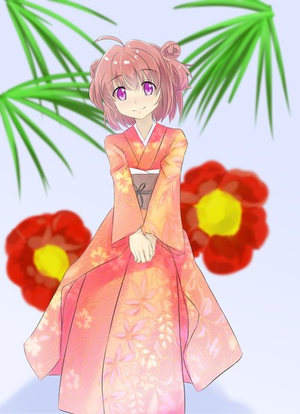 Anime picture 1452x2000 with yuru yuri doga kobo akaza akari sonyntendo single tall image short hair purple eyes pink hair traditional clothes japanese clothes girl flower (flowers) kimono obi camellia (flower)