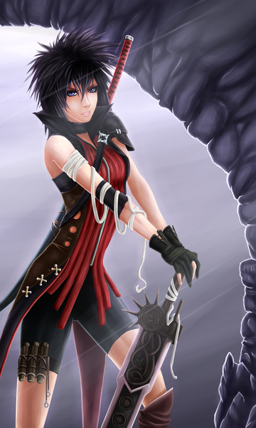 Anime picture 1000x1668 with original dark-nyghtmare single tall image short hair black hair purple eyes lips coloring girl gloves weapon sword bandage (bandages)