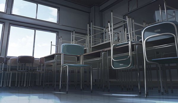 Anime picture 1000x580 with original 108 wide image indoors shadow from below no people classroom window chair table desk