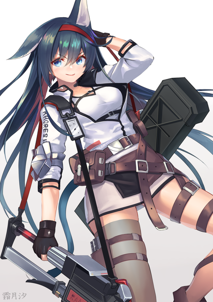 Anime picture 1000x1417 with arknights blaze (arknights) shimozuki shio single tall image looking at viewer fringe blue eyes black hair simple background smile hair between eyes white background holding animal ears tail very long hair animal tail girl thighhighs