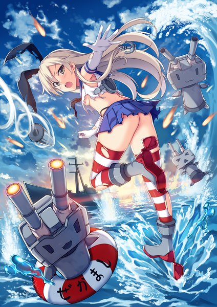 Anime picture 700x990 with kantai collection shimakaze destroyer rensouhou-chan peach88 long hair tall image open mouth light erotic sky cloud (clouds) pleated skirt grey hair sunlight grey eyes torn clothes :3 screaming > < girl thighhighs