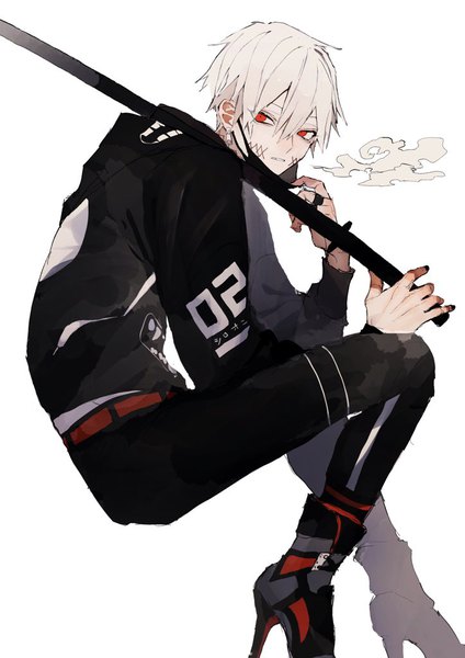 Anime picture 724x1024 with original sakusya2honda single tall image looking at viewer fringe short hair simple background hair between eyes red eyes white background sitting white hair high heels exhalation weapon over shoulder mask pull boy weapon earrings