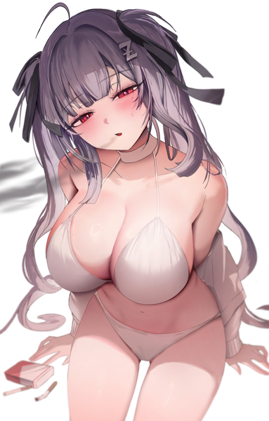 Anime picture 2300x3600 with original zerocat single long hair tall image looking at viewer blush fringe highres breasts open mouth light erotic simple background red eyes white background sitting twintails payot head tilt grey hair