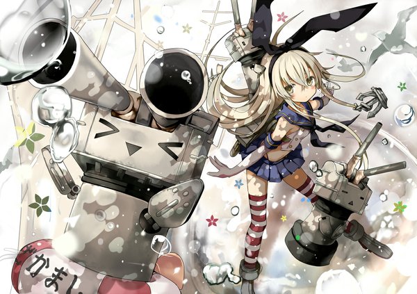Anime picture 1000x705 with kantai collection shimakaze destroyer rensouhou-chan shino (eefy) single long hair blush blonde hair brown eyes girl thighhighs gloves bow weapon hair bow miniskirt elbow gloves boots striped thighhighs bubble (bubbles)