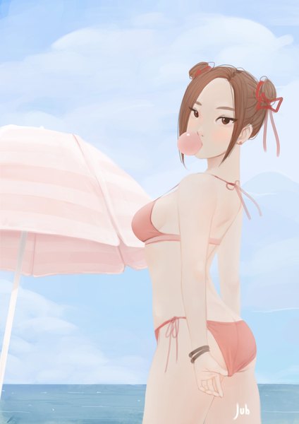 Anime picture 2576x3644 with original lyn (jubi) jubi (regiana) single tall image looking at viewer highres short hair breasts light erotic brown hair brown eyes signed payot sky hair bun (hair buns) horizon halterneck bubble blowing adjusting swimsuit