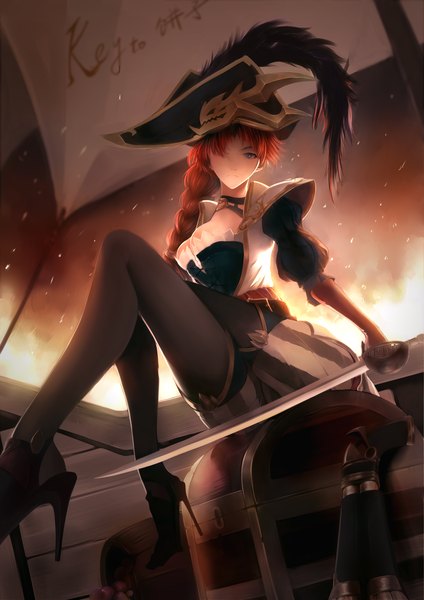 Anime picture 3000x4242 with league of legends miss fortune (league of legends) fakerx single long hair tall image looking at viewer fringe highres breasts blue eyes light erotic hair between eyes sitting holding signed cleavage bent knee (knees) red hair braid (braids)