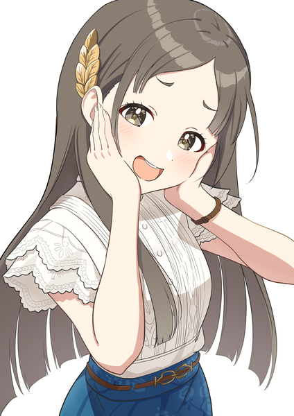 Anime picture 1488x2105 with idolmaster gakuen idolmaster kuramoto china osoba susurukun single long hair tall image looking at viewer blush open mouth simple background brown hair white background brown eyes upper body :d hands on face girl hairclip blouse