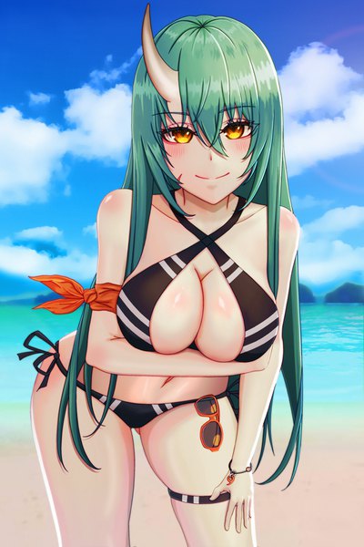 Anime picture 3000x4500 with arknights hoshiguma (arknights) absurd fox single long hair tall image looking at viewer blush fringe highres breasts light erotic hair between eyes large breasts standing yellow eyes sky cleavage cloud (clouds) outdoors