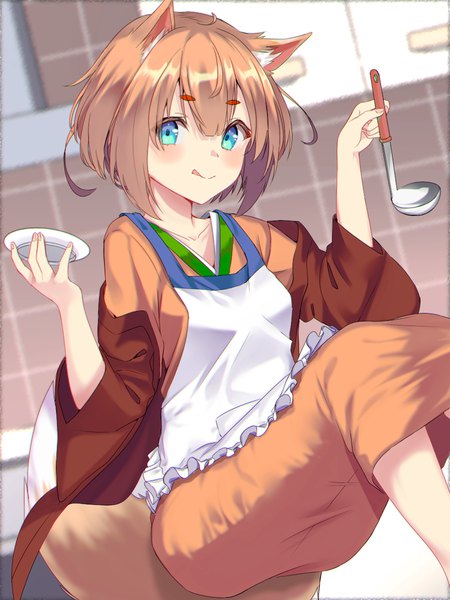 Anime picture 900x1200 with original jun (aousa0328) single tall image blush fringe short hair hair between eyes animal ears tail traditional clothes japanese clothes animal tail orange hair fox ears fox tail fox girl eyebrows multicolored eyes girl