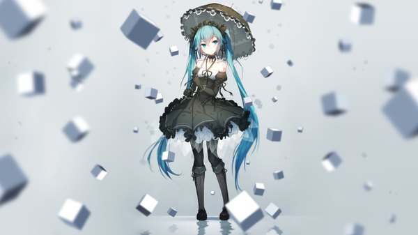 Anime-Bild 3200x1800 mit vocaloid hatsune miku qys3 single blush fringe highres blue eyes smile hair between eyes wide image standing twintails bare shoulders holding blue hair looking away full body very long hair aqua hair