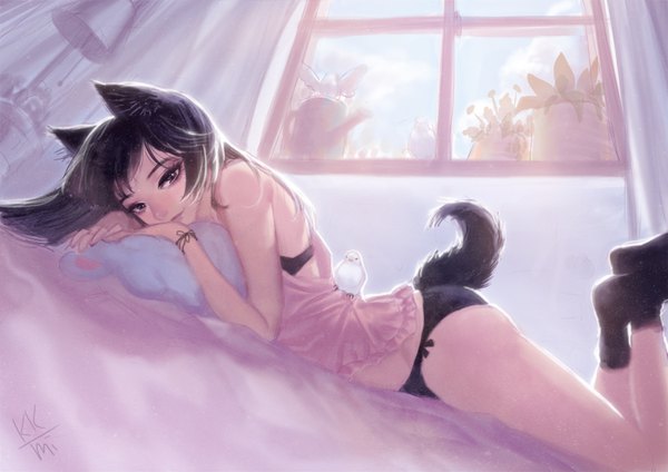 Anime picture 3508x2480 with original kkmi single long hair highres light erotic black hair smile sitting bare shoulders brown eyes signed animal ears absurdres sky cloud (clouds) bent knee (knees) tail lying animal tail