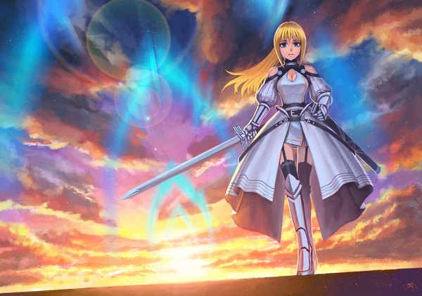 Anime picture 2480x1748 with original darkmuleth single long hair looking at viewer highres blue eyes blonde hair bare shoulders sky cloud (clouds) evening sunset girl thighhighs dress weapon black thighhighs sword armor