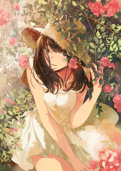 Anime picture 566x800 with original fly (marguerite) single long hair tall image looking at viewer fringe breasts smile brown hair brown eyes parted lips head tilt sunlight hair over one eye leaning leaning forward sleeveless front-tie top girl
