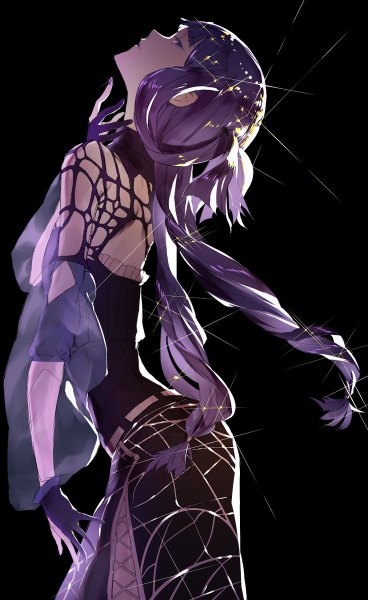Anime picture 736x1200 with houseki no kuni lapis lazuli (houseki no kuni) ryein single long hair tall image looking at viewer fringe simple background standing purple eyes twintails purple hair nail polish profile sparkle low twintails black background side slit arched back