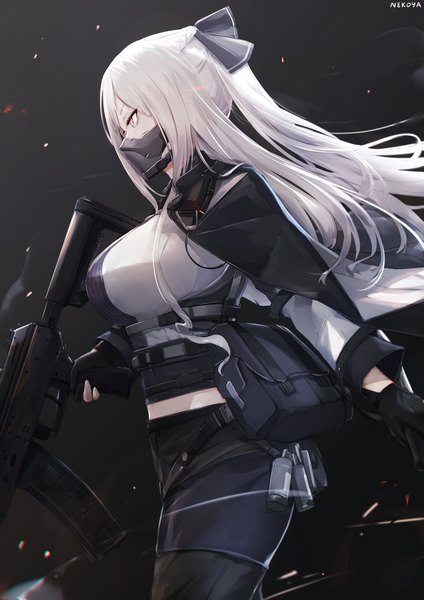 Anime picture 1158x1638 with girls frontline ak-12 (girls frontline) nekoya (liu) single long hair tall image fringe breasts simple background large breasts standing holding signed looking away white hair ponytail profile pink eyes wind black background