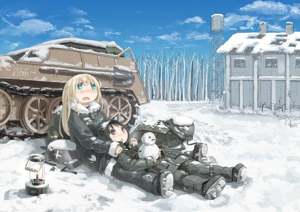 Anime picture 2828x2000 with shoujo shuumatsu ryokou white fox yuuri (shoujo shuumatsu ryokou) chito (shoujo shuumatsu ryokou) tsukumizu yuu long hair blush highres open mouth black hair blonde hair multiple girls brown eyes sky cloud (clouds) full body outdoors lying aqua eyes on back