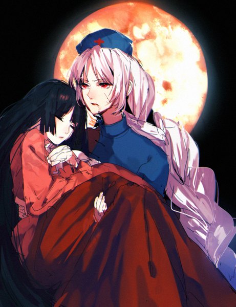 Anime picture 1000x1300 with touhou houraisan kaguya yagokoro eirin tian (my dear) tall image black hair red eyes multiple girls looking away white hair braid (braids) eyes closed very long hair single braid red moon girl 2 girls moon full moon nurse cap