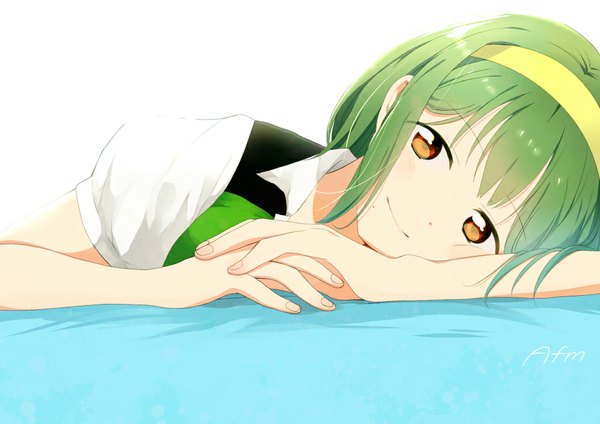 Anime picture 1024x724 with idolmaster otonashi kotori wed afm single looking at viewer short hair red eyes green hair light smile mole mole under mouth girl hairband