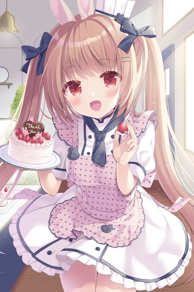 Anime picture 2316x3479 with original hoshimame mana single long hair tall image blush highres open mouth red eyes brown hair twintails holding animal ears indoors :d bunny ears heart print thank you girl bow