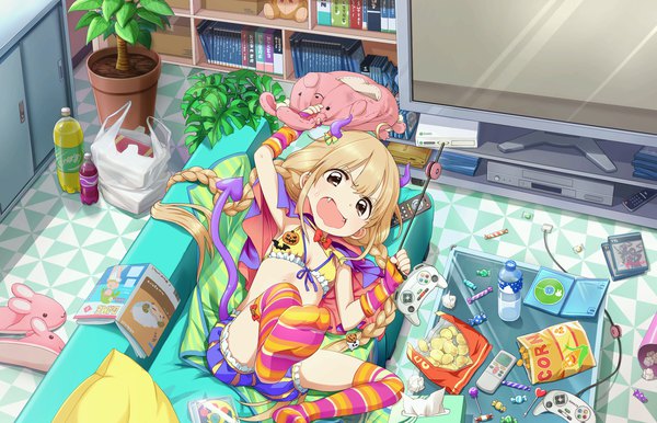 Anime picture 1280x824 with idolmaster idolmaster cinderella girls idolmaster cinderella girls starlight stage futaba anzu single looking at viewer fringe breasts open mouth light erotic blonde hair holding brown eyes cleavage ahoge indoors tail lying blunt bangs braid (braids)