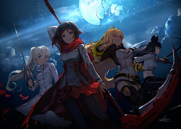 Anime picture 1201x858 with rwby rooster teeth ruby rose weiss schnee blake belladonna yang xiao long ac (eshi) long hair fringe short hair breasts blue eyes black hair blonde hair smile red eyes purple eyes multiple girls signed payot