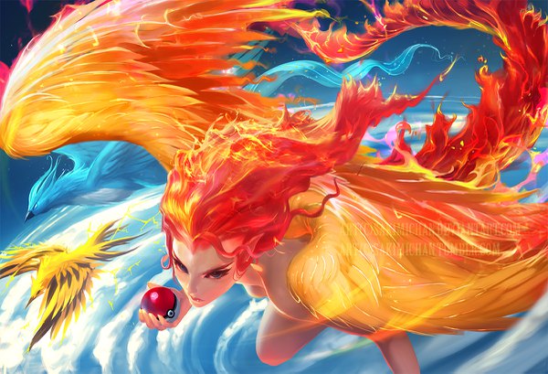 Anime picture 1200x819 with pokemon moemon nintendo articuno moltres zapdos sakimichan long hair blue eyes light erotic bare shoulders holding looking away cloud (clouds) outdoors red hair tail night sky flying angry