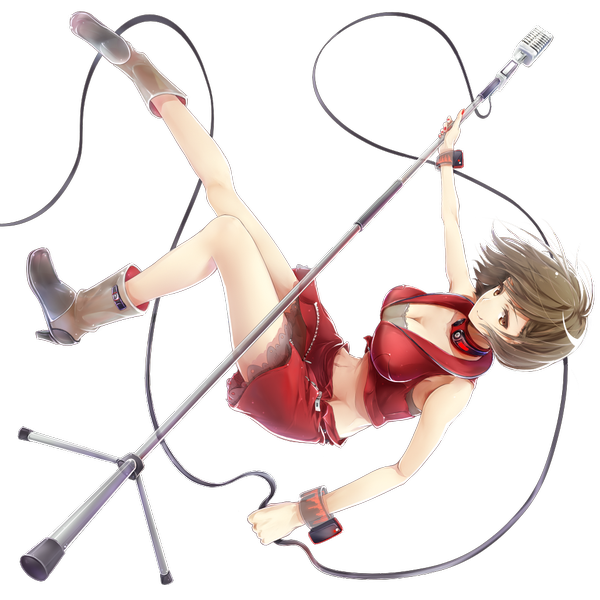 Anime picture 1030x1030 with vocaloid meiko meiko (vocaloid3) chabane single short hair breasts smile brown hair brown eyes transparent background girl skirt boots skirt set microphone stand