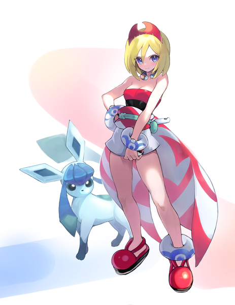 Anime picture 2535x3284 with pokemon pokemon (game) pokemon legends: arceus nintendo glaceon irida (pokemon) chung1000 single tall image looking at viewer fringe highres short hair blue eyes blonde hair hair between eyes standing cleavage full body sleeveless