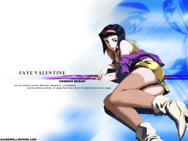 Anime picture 1024x768 with cowboy bebop sunrise (studio) faye valentine single looking at viewer short hair light erotic green eyes purple hair wallpaper copyright name character names girl thighhighs shoes shorts short shorts headband ankle boots