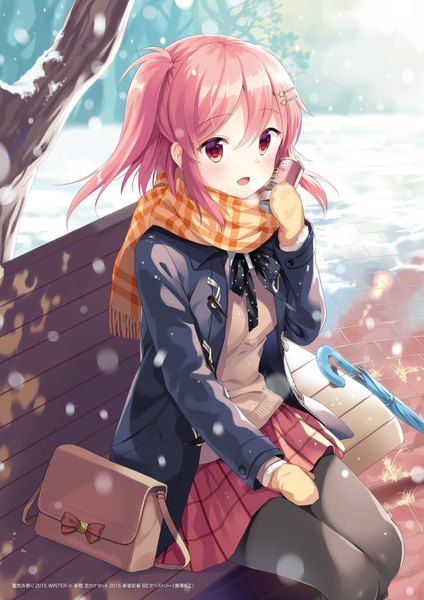 Anime picture 1357x1920 with koi kakeru shin-ai kanojo us:track (studio) shindou ayane tagme (artist) single tall image looking at viewer blush short hair open mouth red eyes sitting scan one side up snowing winter girl skirt hair ornament jacket
