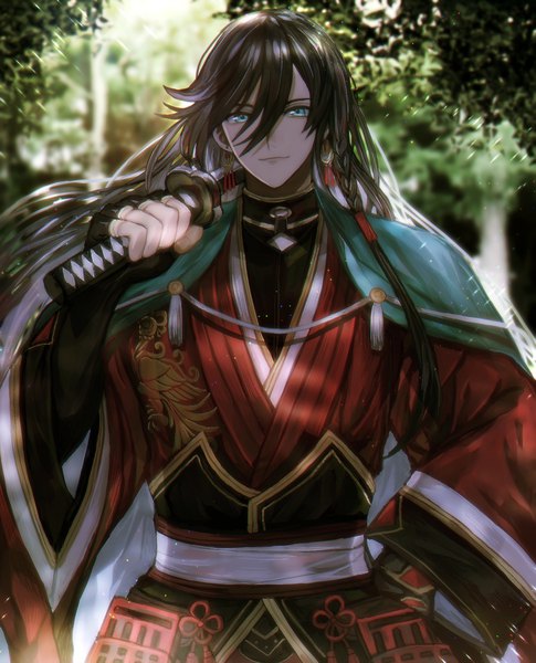 Anime picture 1524x1884 with touken ranbu nitroplus izuminokami kanesada abandon ranka single long hair tall image looking at viewer fringe blue eyes black hair hair between eyes holding upper body outdoors traditional clothes japanese clothes hand on hip weapon over shoulder boy