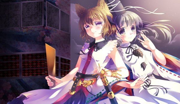 Anime picture 1600x925 with touhou toyosatomimi no miko mononobe no futo kip (ippen) short hair blonde hair wide image purple eyes multiple girls animal ears purple hair traditional clothes girl dress weapon 2 girls hat sword
