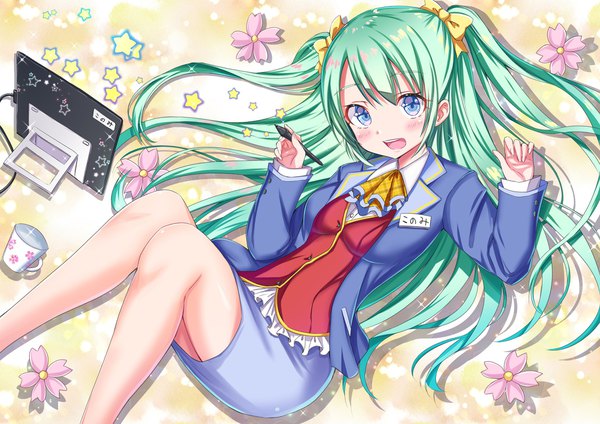 Anime picture 2048x1448 with original tenzeru single long hair looking at viewer blush fringe highres open mouth blue eyes simple background hair between eyes holding bent knee (knees) green hair teeth two side up floral print hieroglyph girl