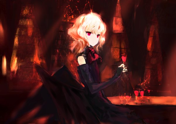 Anime picture 1024x720 with touhou remilia scarlet akn single short hair blonde hair purple eyes bat wings girl gloves bow elbow gloves fingerless gloves blood