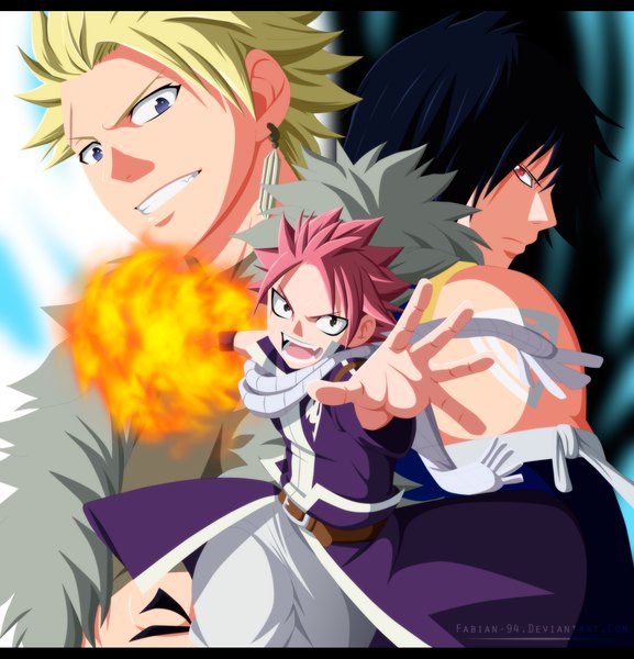 Anime picture 2000x2079 with fairy tail natsu dragneel sting eucliffe rogue cheney fabiansm tall image highres short hair open mouth black hair blonde hair smile purple eyes pink hair profile pink eyes black eyes tattoo grin coloring