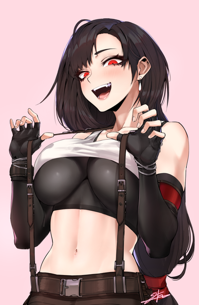 Anime picture 783x1200 with final fantasy final fantasy vii final fantasy vii remake square enix tifa lockhart j.k. single long hair tall image looking at viewer open mouth light erotic black hair simple background red eyes signed upper body :d teeth midriff